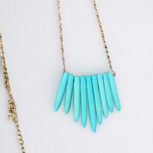 Turquoise Beaded Long Gold Tone Drop Necklace Boho Eclectic Festival